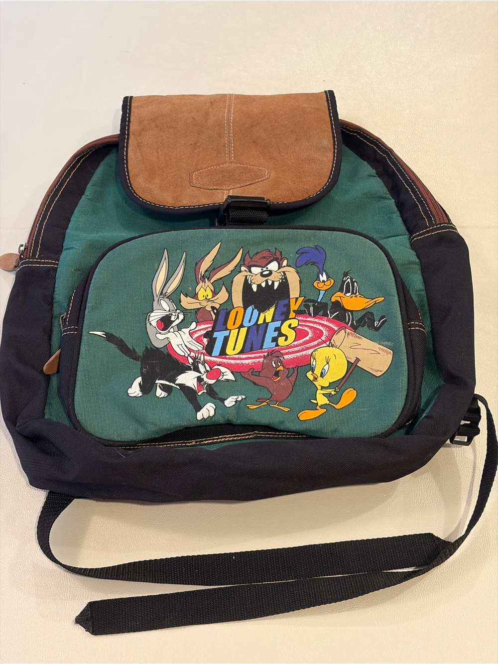 Vintage 1997 Looney Tunes Green & Black Canvas Backpack
